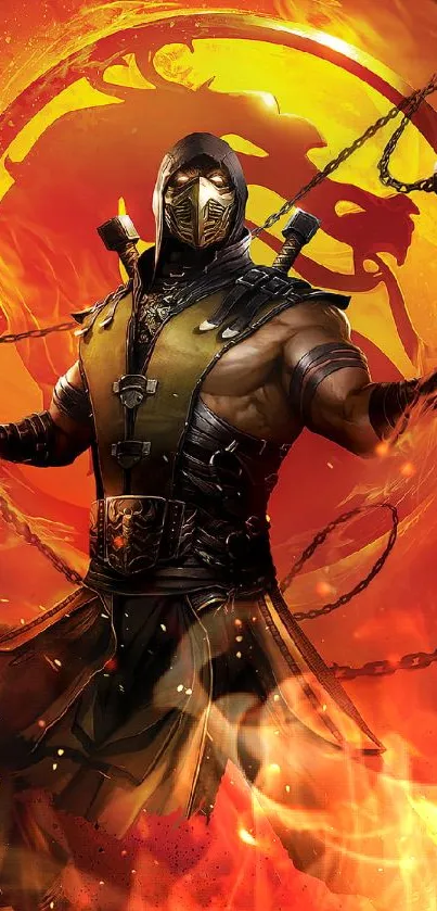 Masked warrior surrounded by flames on mobile wallpaper.