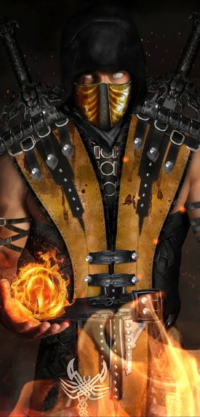 Masked warrior with fiery hand wallpaper.