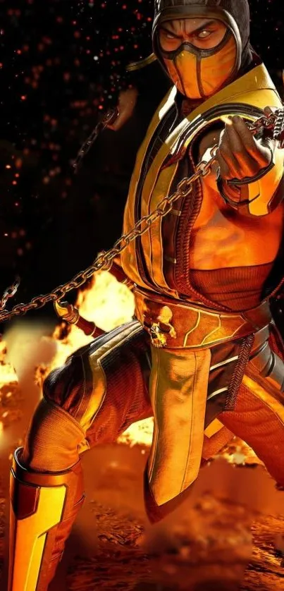 Fierce warrior amid flames in action-packed gaming wallpaper.