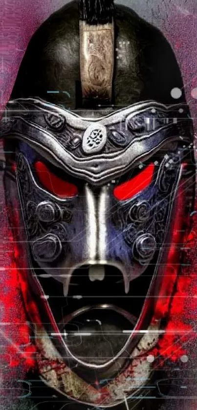 Fierce warrior helmet with glowing red eyes.