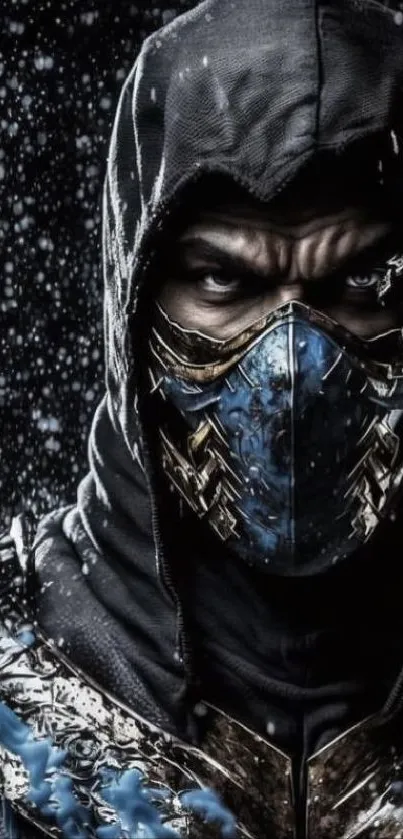 A fierce warrior in a hooded mask, dark theme.