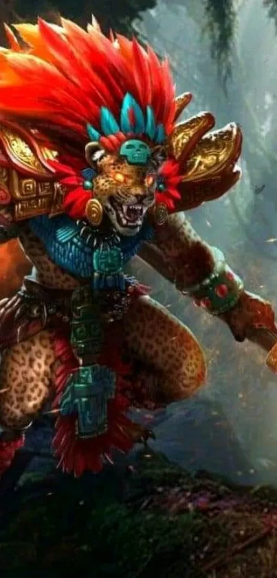 Jungle warrior in vibrant armor with red headdress on mobile wallpaper.