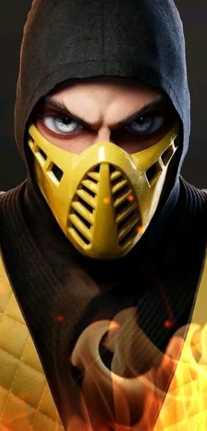 Fierce warrior in yellow mask with intense eyes and flame accents.