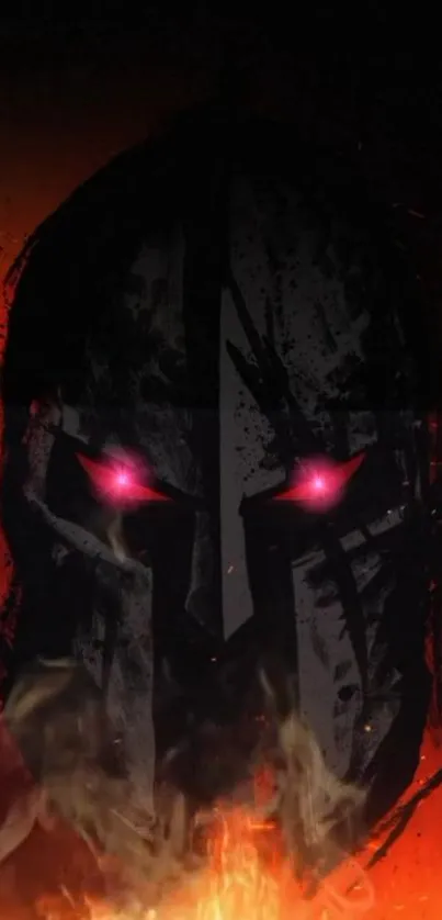 Warrior mask with fiery red eyes on dark background wallpaper.