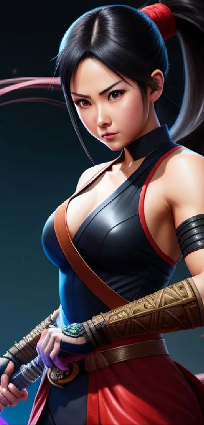 Mobile wallpaper of a fierce female warrior with a sword, dynamic pose.