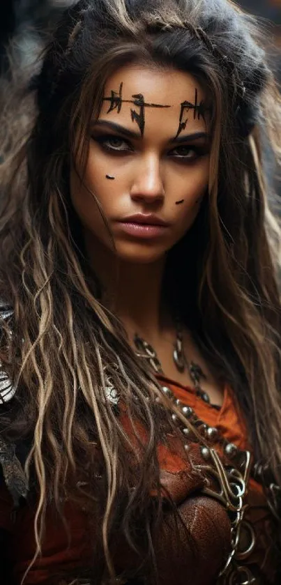 Fierce female warrior with tribal makeup and armor.