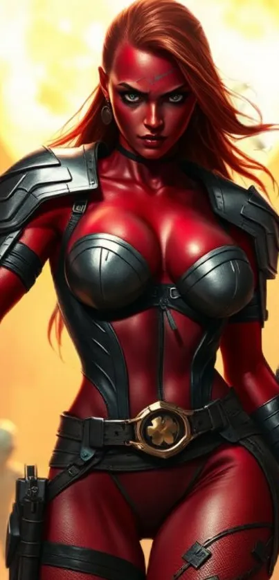 Fierce female warrior in red armor with vibrant background.