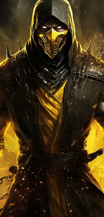 Warrior in mask with yellow and dark tones, creating a bold mobile wallpaper.