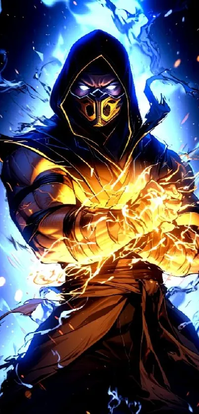 Fierce hooded warrior with flames and electric blue energy, dynamic mobile wallpaper.