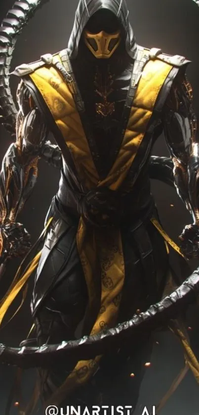 Fierce warrior character in black and yellow armor, dynamically posed.