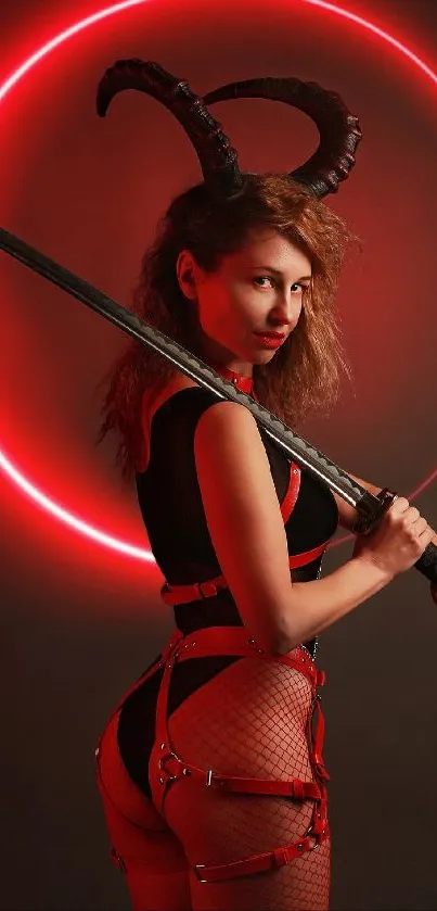 Fierce warrior woman with sword, red neon circle backdrop.