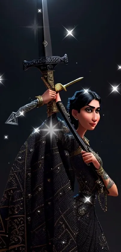 Animated warrior princess with a sword in dark, detailed fantasy art style.