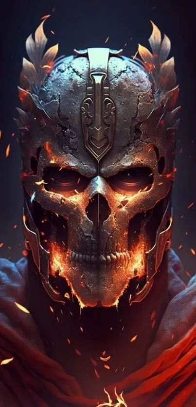 Fierce warrior with glowing skull and fiery accents mobile wallpaper.