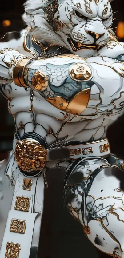 Fierce fantasy tiger warrior in dynamic pose.