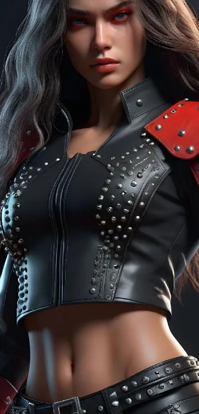 A fierce warrior woman in armor with red accents, perfect for a bold phone wallpaper.