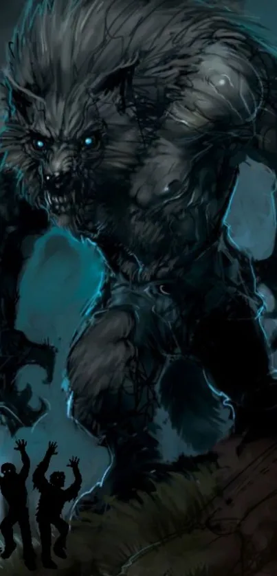 Dynamic werewolf art with silhouettes and blue tones.