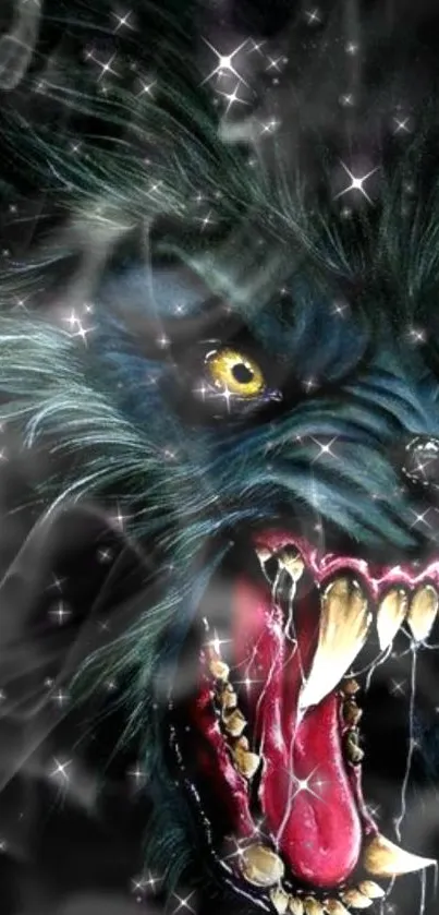 A fierce werewolf with yellow eyes and sharp fangs.