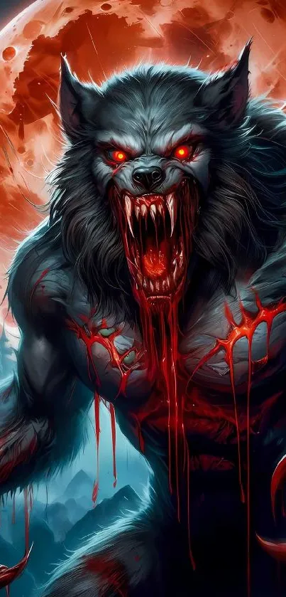 Ferocious werewolf under a blood-red moon, intense fantasy art.