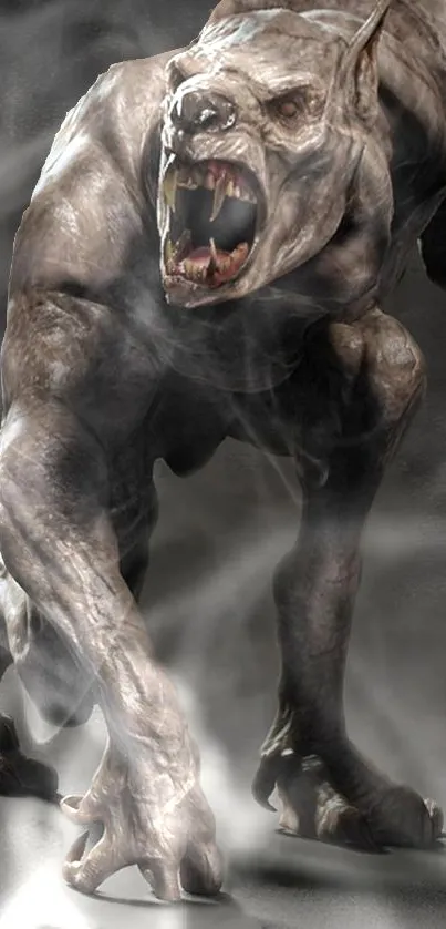 Fierce werewolf in misty darkness, fantasy mobile wallpaper.