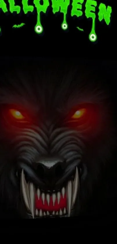 Halloween-themed wallpaper featuring a menacing werewolf with glowing red eyes.