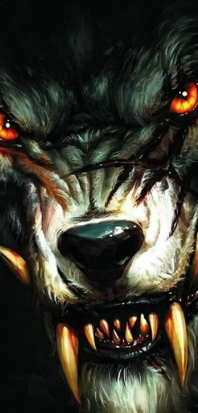 Intense werewolf with glowing eyes and sharp fangs in a dark-themed mobile wallpaper.