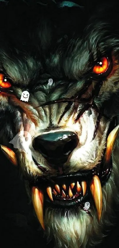 Fierce werewolf with glowing eyes and sharp fangs in dark fantasy art.