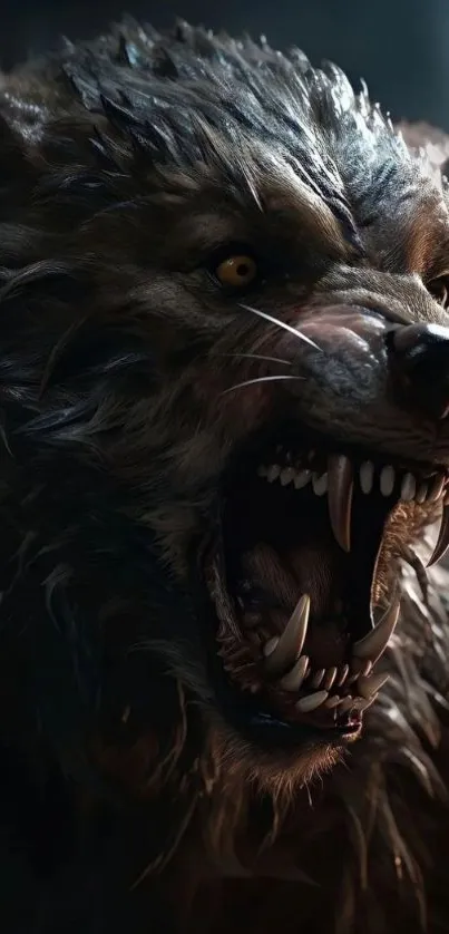 Fierce werewolf with open mouth and sharp teeth on a dark background wallpaper.