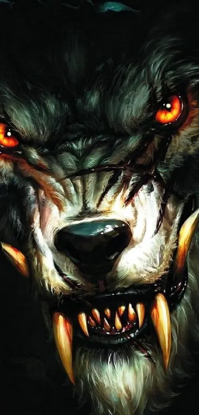 Fierce werewolf with glowing eyes and sharp fangs.