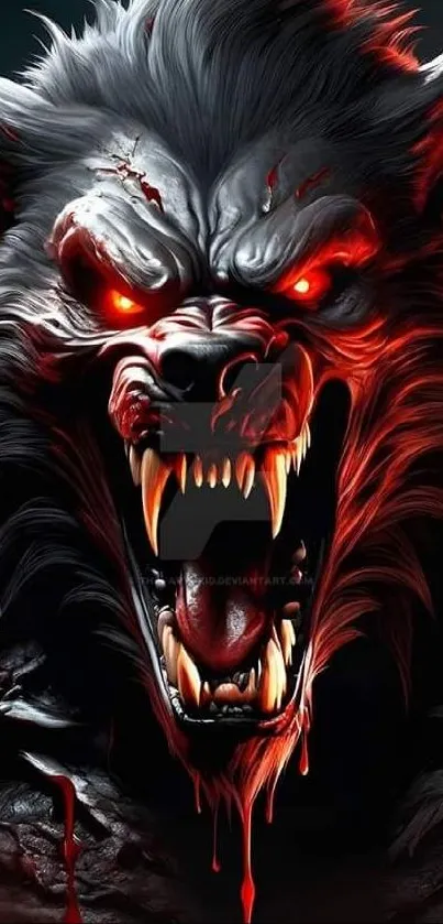 Fierce werewolf with glowing red eyes and dark fur on a mobile wallpaper.