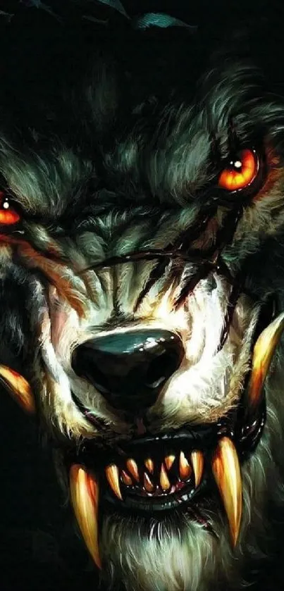 Fierce werewolf with glowing eyes and dark fur, perfect for mobile wallpaper.