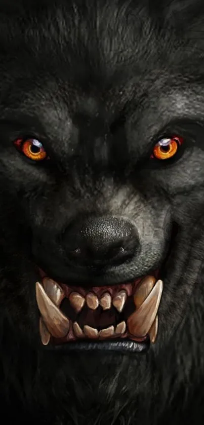 Fierce werewolf with glowing orange eyes and sharp fangs.