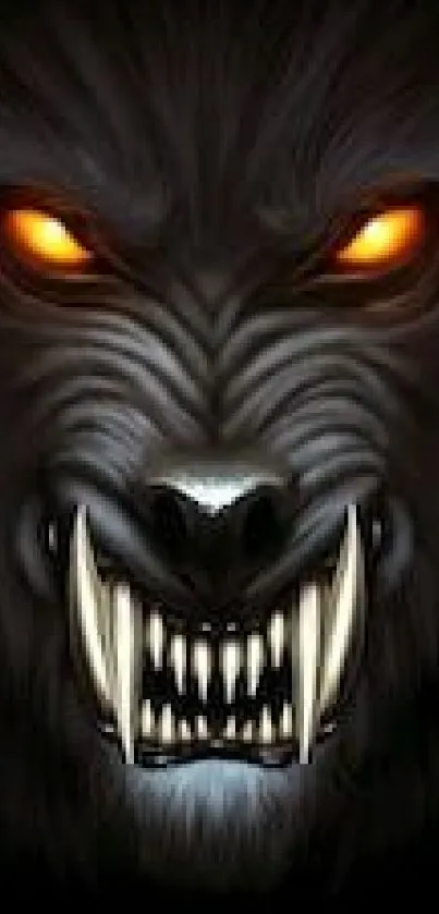 Dark werewolf face with piercing glowing eyes and sharp teeth.