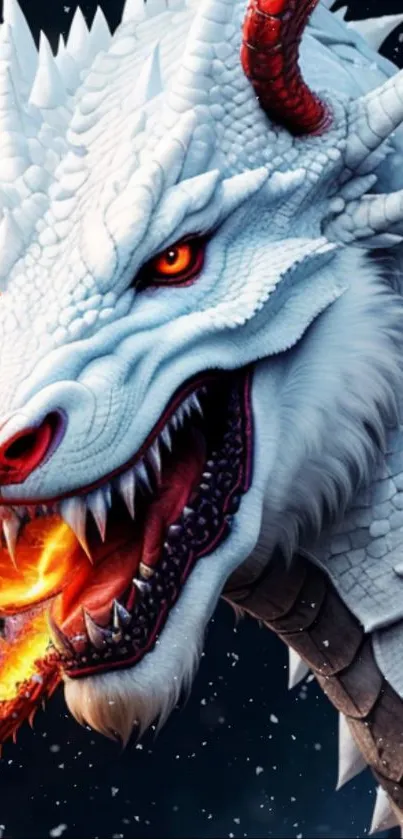 Fierce white dragon breathing fire in stunning mobile wallpaper.