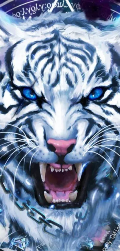 Fierce white tiger with blue eyes, digital artwork.