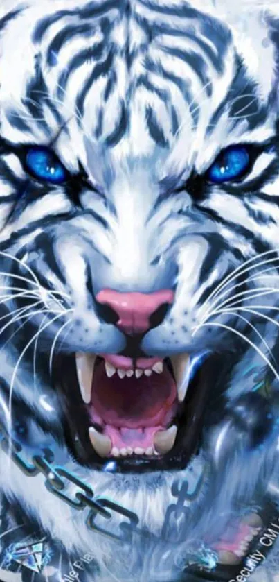 Fierce white tiger with blue eyes and open mouth, digital art wallpaper.