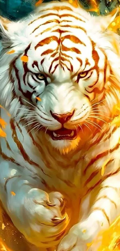 Fierce white tiger with fiery flames, digital art wallpaper.