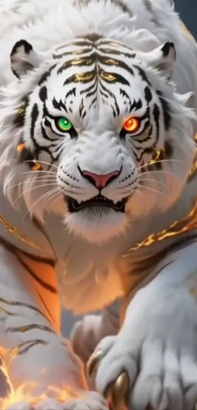 Majestic white tiger with fiery accents in dynamic digital artwork.