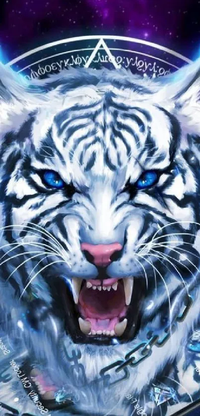 Fierce white tiger with mystical symbols in vibrant blue hues.