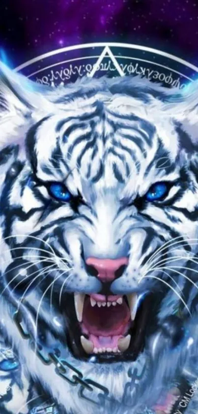 Fierce white tiger with cosmic purple background.