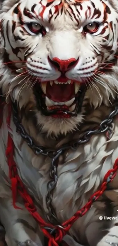 Roaring white tiger with chains in dramatic red and black hues.