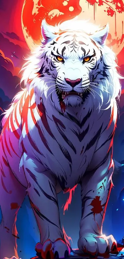 Fierce white tiger stands under a red moon.