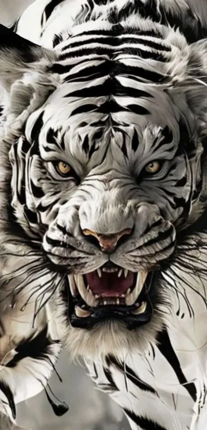 A dramatic white tiger illustration with fierce eyes and detailed fur in grayscale.