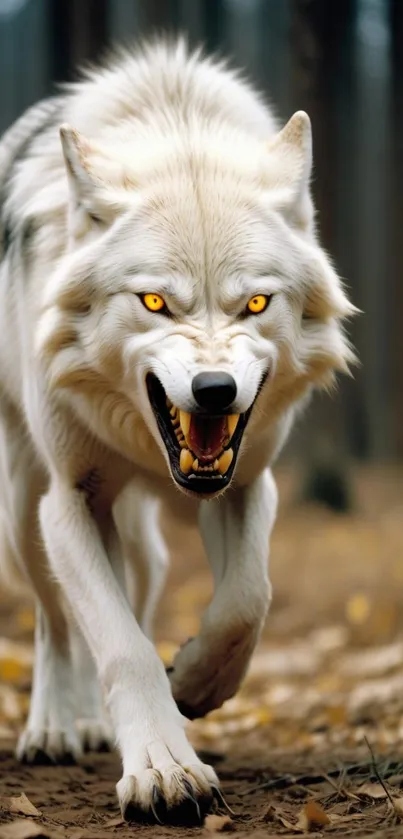 Fierce white wolf with golden eyes in a forest scene.