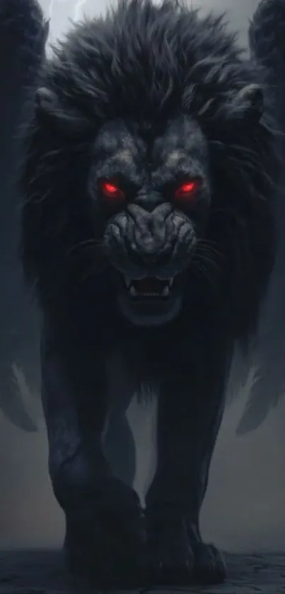 Dark, winged lion with glowing red eyes.