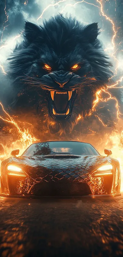 Fiery wolf and sleek car in dynamic art.