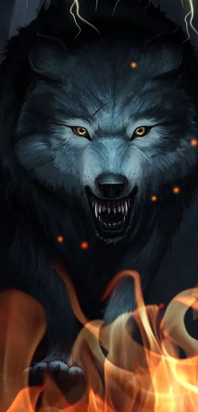 Fierce wolf with fiery flames in dark forest wallpaper.