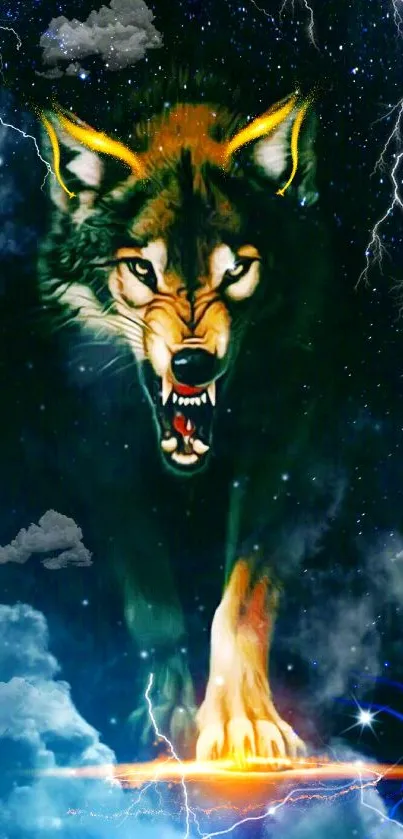 Fierce wolf and lightning in cosmic mobile wallpaper.