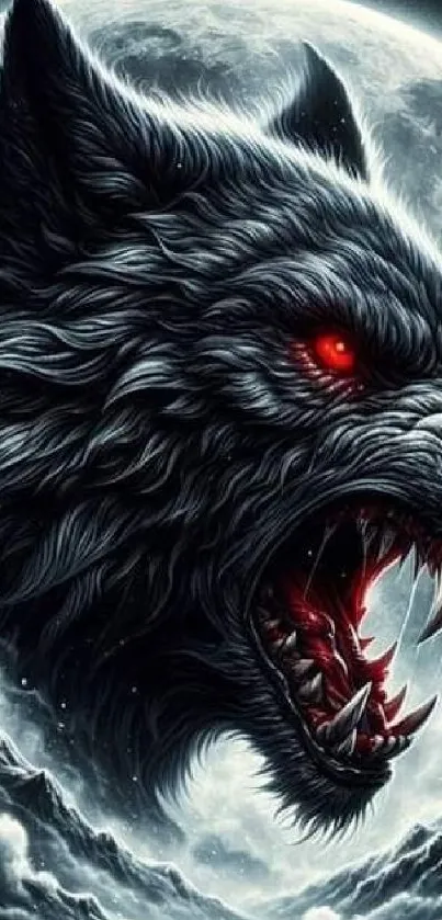 Fierce wolf head with red eyes and full moon background.
