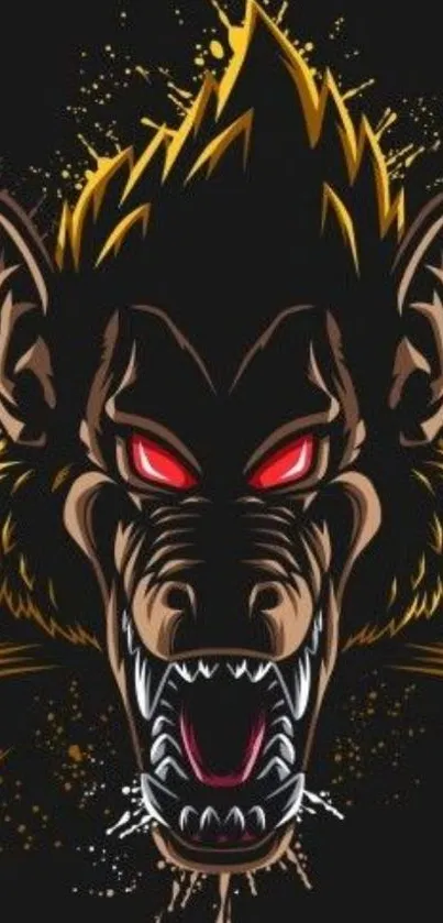 Fierce wolf illustration with red eyes on a dark background.