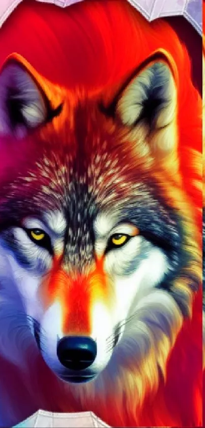 Colorful wolf artwork with fiery red tones and dynamic design.